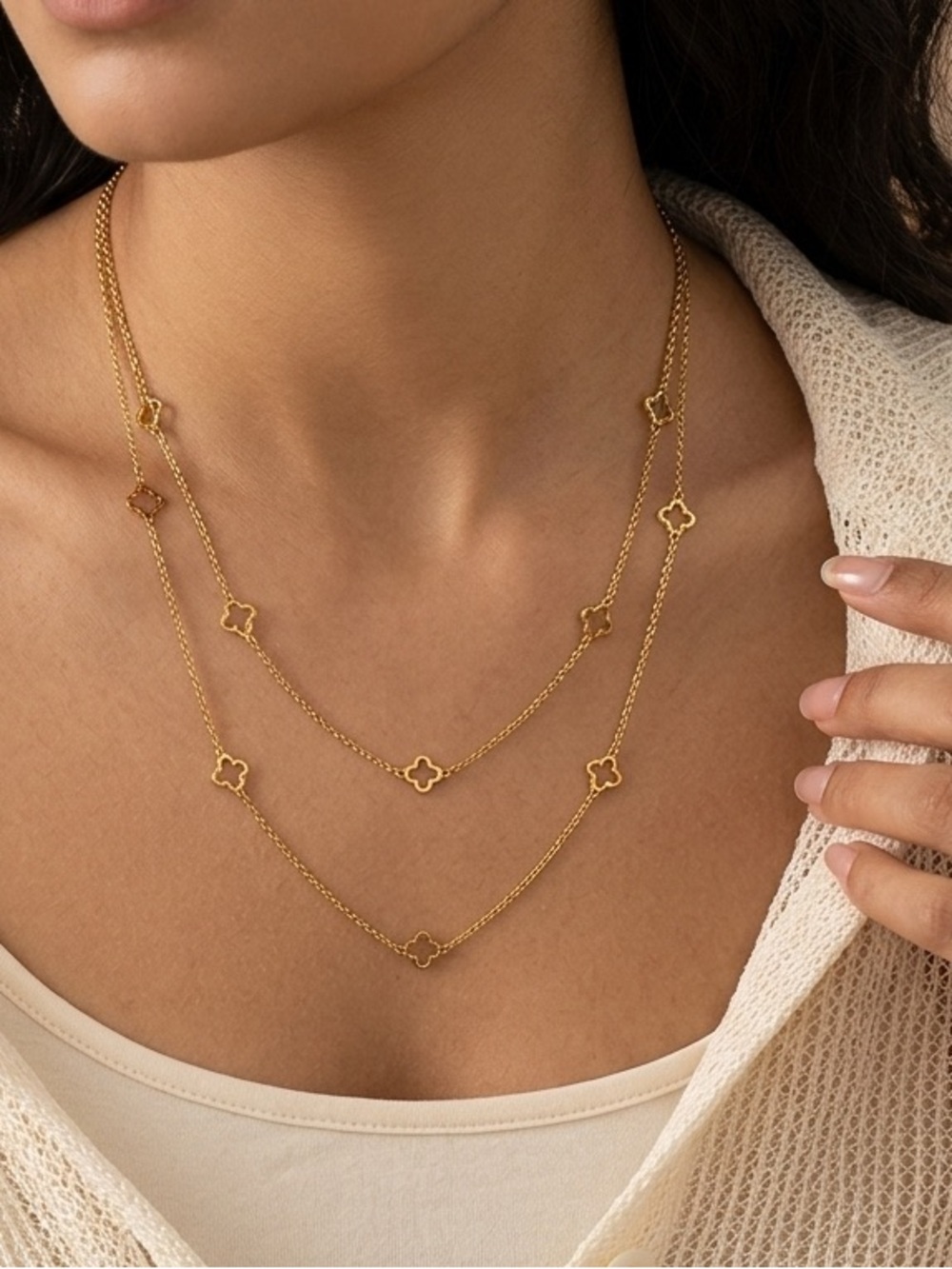 Gold Plated Floral clover Long necklace Stainless Steel women Jewelry
